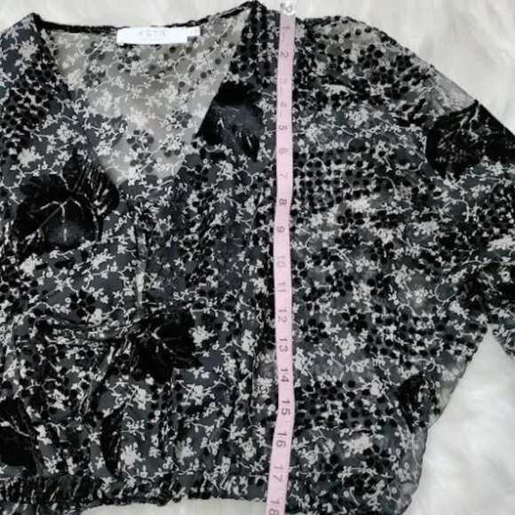 ASTR the label Velvet Burnout Shawna Abstract Velvet Cropped Sheer Floral Top S - Picture 9 of 12